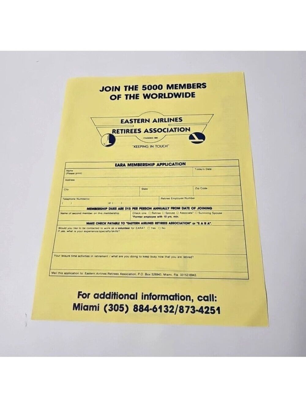 Eastern Airlines Retirees Association BLANK EARA Membership Application Ephemera